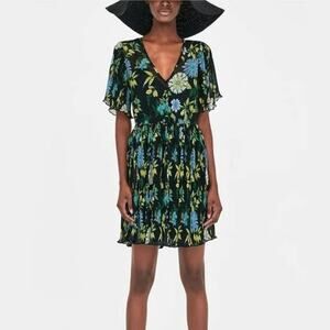 2/$30 ZARA Sheer Floral Fit & Flare Dress Small Black Accordion Faux Wrap #6962